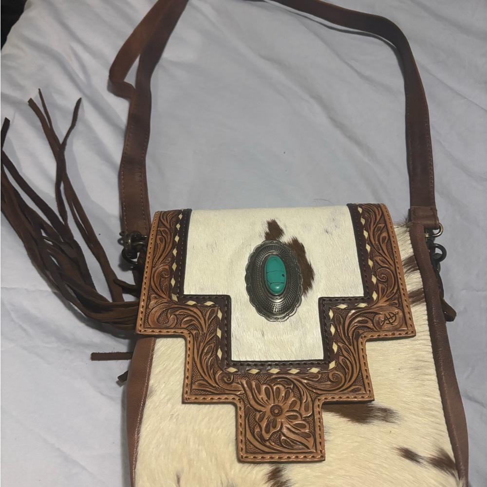 Women's Brown and White Western Crossbody Bag with Turquoise Accent
